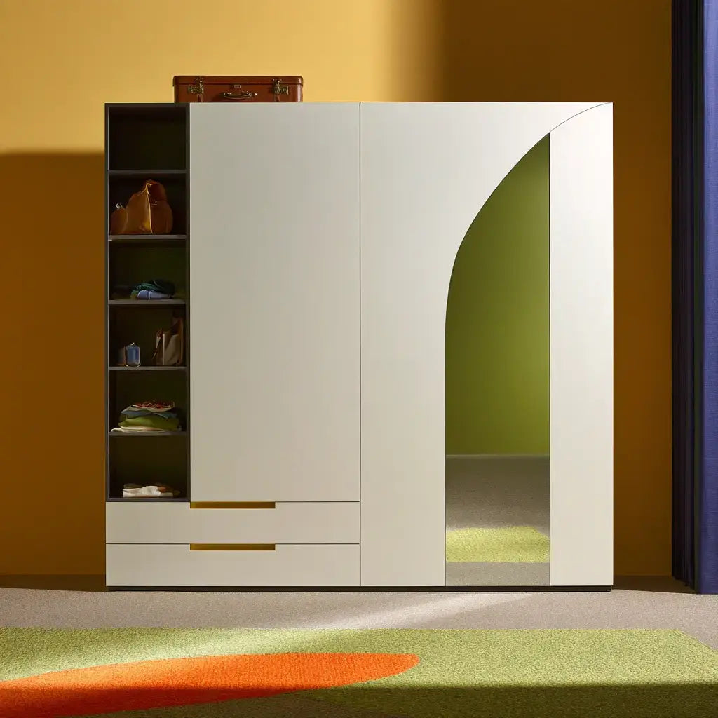 Armario con puertas con panel curvo y cajones - beige