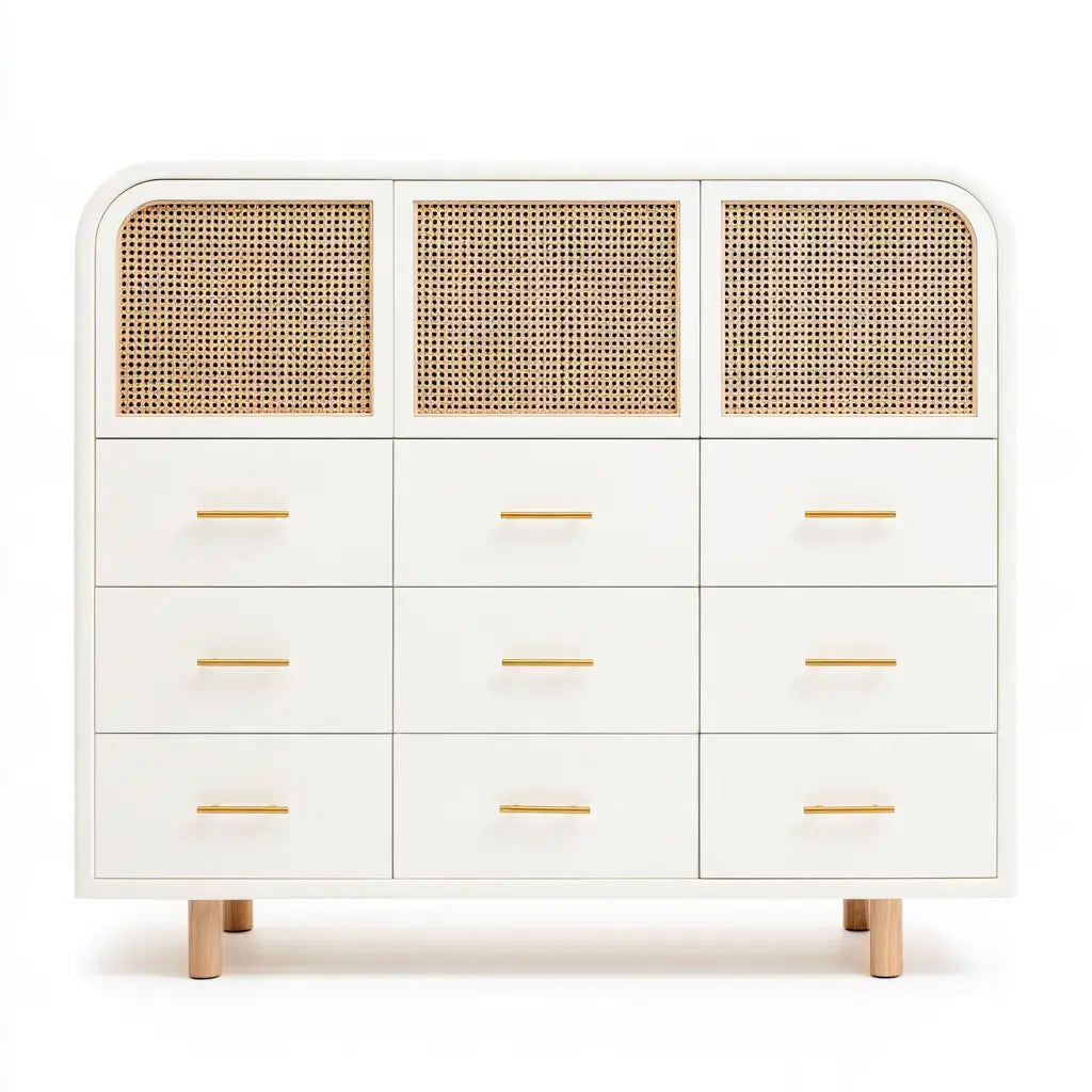 Cómoda con cajones y puertas superiores de rejilla - blanco/beige