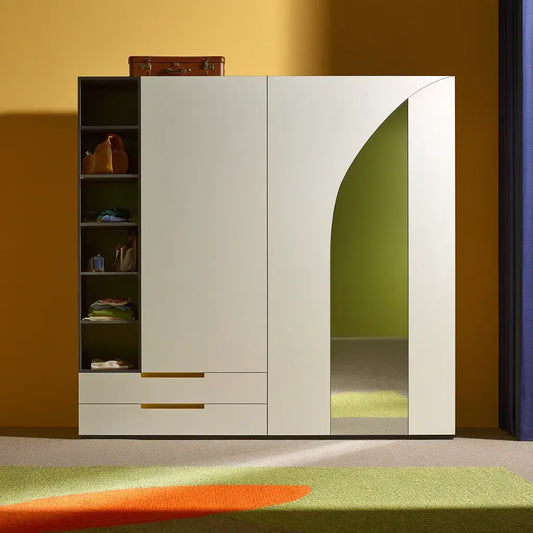 Armario con puertas con panel curvo y cajones - beige