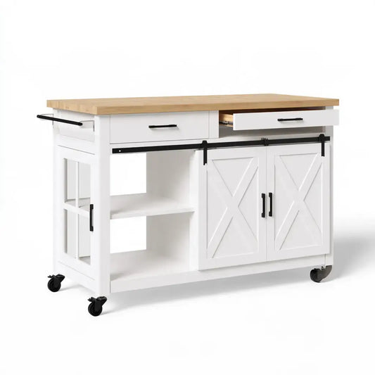 Isla de cocina con puertas correderas y estantes laterales - blanco/beige